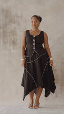 Black Linen Vest and Midi Skirt Set